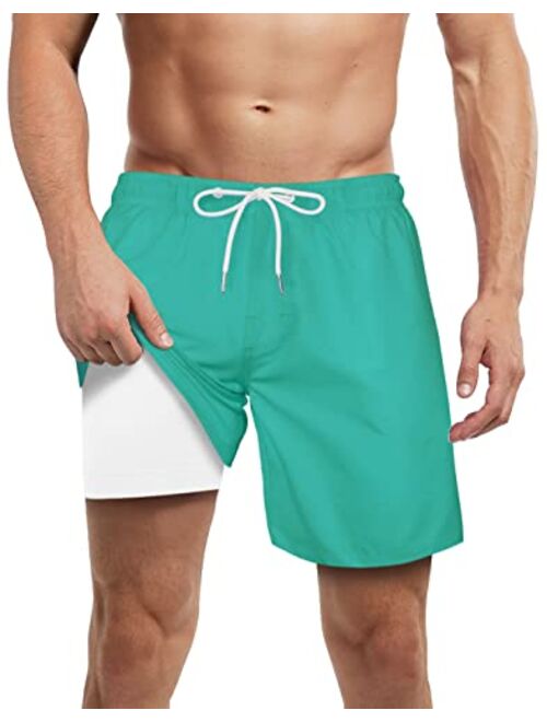 LUCOWEE Mens Swim Trunks with Compression Liner Anti Chafe Quick Dry UPF 50+ Swimming Shorts 5" 7" Inseam Bathing Suit