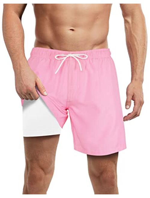 LUCOWEE Mens Swim Trunks with Compression Liner Anti Chafe Quick Dry UPF 50+ Swimming Shorts 5" 7" Inseam Bathing Suit