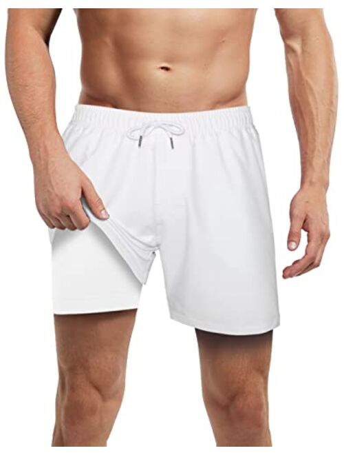 LUCOWEE Mens Swim Trunks with Compression Liner Anti Chafe Quick Dry UPF 50+ Swimming Shorts 5" 7" Inseam Bathing Suit