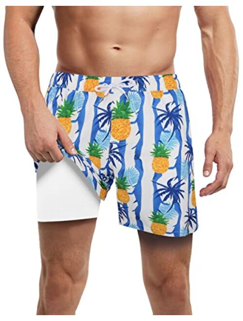 LUCOWEE Mens Swim Trunks with Compression Liner Anti Chafe Quick Dry UPF 50+ Swimming Shorts 5" 7" Inseam Bathing Suit