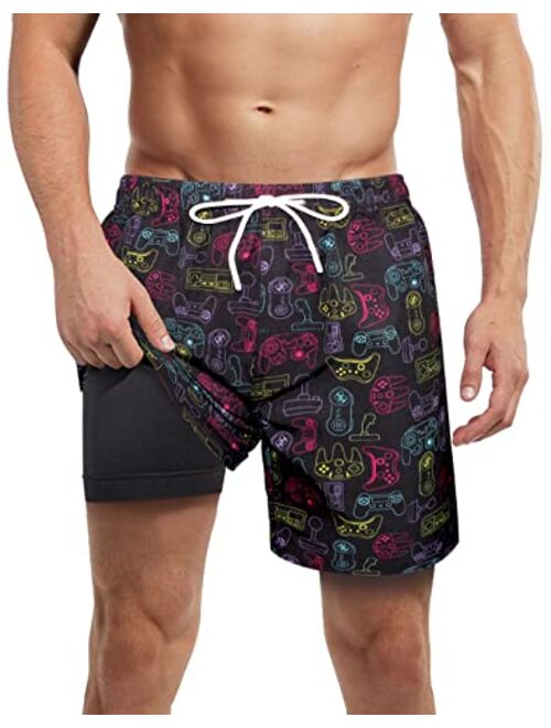 LUCOWEE Mens Swim Trunks with Compression Liner Anti Chafe Quick Dry UPF 50+ Swimming Shorts 5" 7" Inseam Bathing Suit