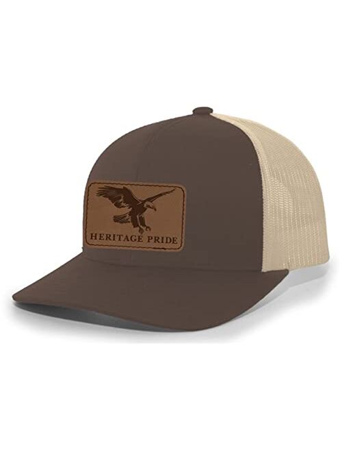 Heritage Pride Flying Eagle Engraved Leather Patch Mens Trucker Hat Baseball Cap