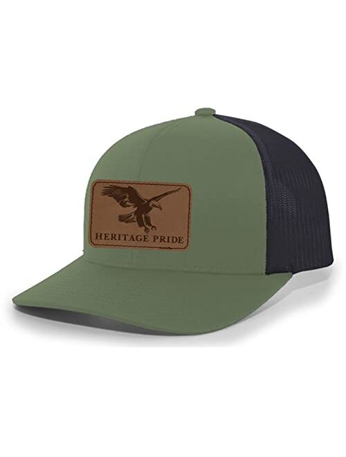 Heritage Pride Flying Eagle Engraved Leather Patch Mens Trucker Hat Baseball Cap