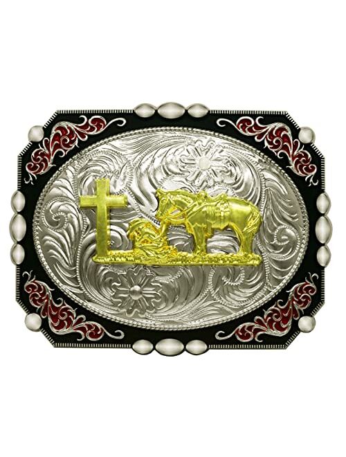 Moranse Religion Cross Cowboy Kneeling Prayer And Horse Design Belt Buckles