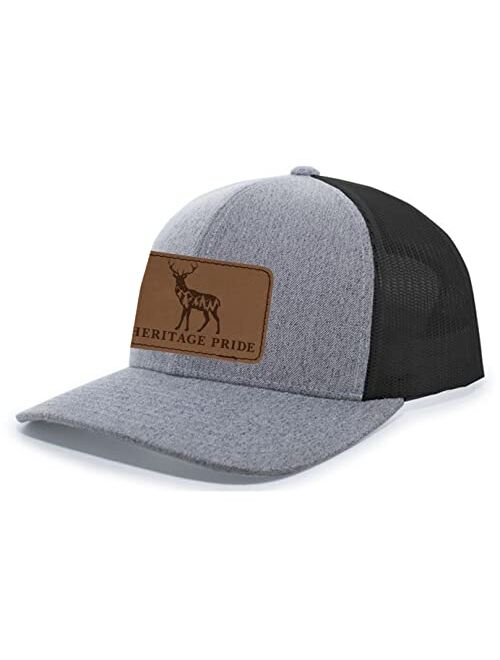 Heritage Pride Scenic Deer Engraved Leather Patch Mens Trucker Hat Baseball Cap