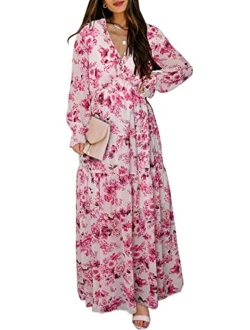 BLENCOT Womens Casual Floral Deep V Neck Long Sleeve Long Evening Dress Cocktail Party Maxi Wedding Dresses