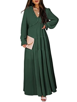 BLENCOT Womens Casual Floral Deep V Neck Long Sleeve Long Evening Dress Cocktail Party Maxi Wedding Dresses