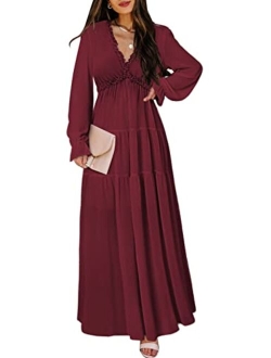 BLENCOT Womens Casual Floral Deep V Neck Long Sleeve Long Evening Dress Cocktail Party Maxi Wedding Dresses