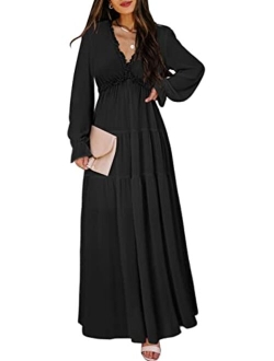 BLENCOT Womens Casual Floral Deep V Neck Long Sleeve Long Evening Dress Cocktail Party Maxi Wedding Dresses