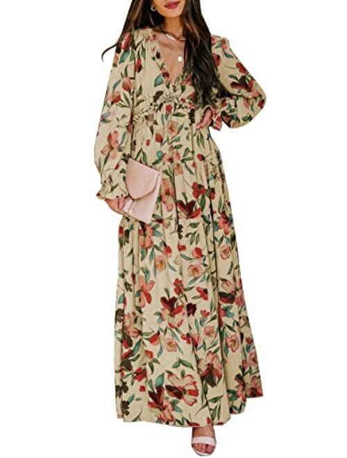 BLENCOT Womens Casual Floral Deep V Neck Long Sleeve Long Evening Dress Cocktail Party Maxi Wedding Dresses