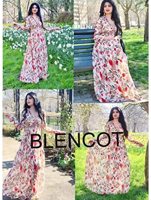 BLENCOT Womens Casual Floral Deep V Neck Long Sleeve Long Evening Dress Cocktail Party Maxi Wedding Dresses