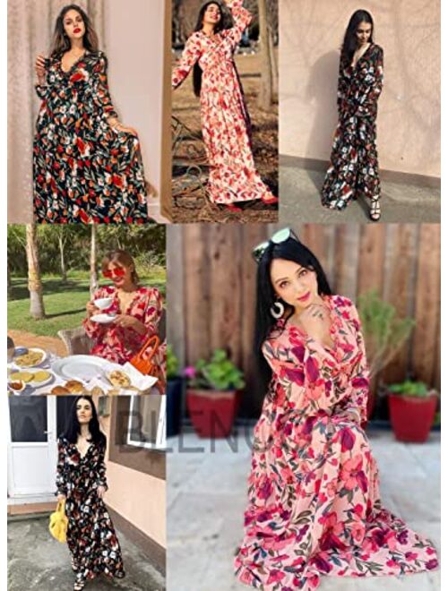 BLENCOT Womens Casual Floral Deep V Neck Long Sleeve Long Evening Dress Cocktail Party Maxi Wedding Dresses