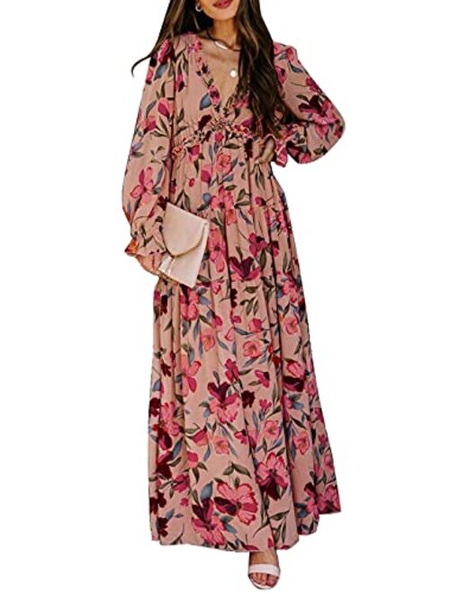 BLENCOT Womens Casual Floral Deep V Neck Long Sleeve Long Evening Dress Cocktail Party Maxi Wedding Dresses