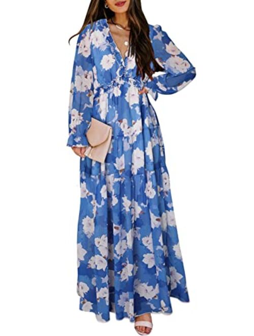 BLENCOT Womens Casual Floral Deep V Neck Long Sleeve Long Evening Dress Cocktail Party Maxi Wedding Dresses