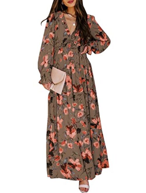 BLENCOT Womens Casual Floral Deep V Neck Long Sleeve Long Evening Dress Cocktail Party Maxi Wedding Dresses