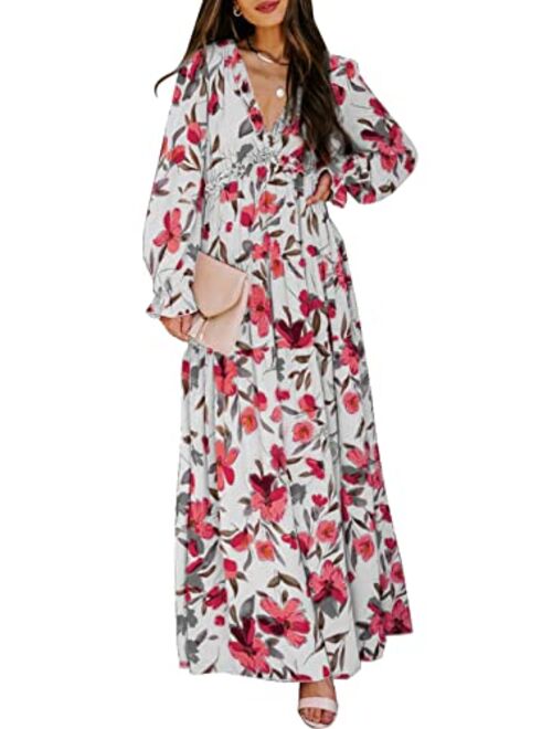 BLENCOT Womens Casual Floral Deep V Neck Long Sleeve Long Evening Dress Cocktail Party Maxi Wedding Dresses