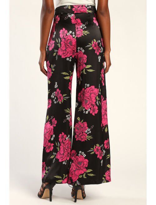 Lulus Thriving Vibes Black Floral Print Satin Wide-Leg Pants