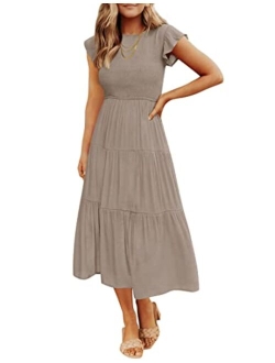 Women's 2023 Summer Casual Flutter Short Sleeve Crew Neck Smocked Elastic Waist Tiered Midi Dress