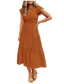 Women's 2023 Summer Casual Flutter Short Sleeve Crew Neck Smocked Elastic Waist Tiered Midi Dress