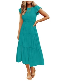 Women's 2023 Summer Casual Flutter Short Sleeve Crew Neck Smocked Elastic Waist Tiered Midi Dress