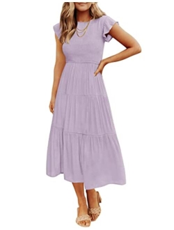 Women's 2023 Summer Casual Flutter Short Sleeve Crew Neck Smocked Elastic Waist Tiered Midi Dress