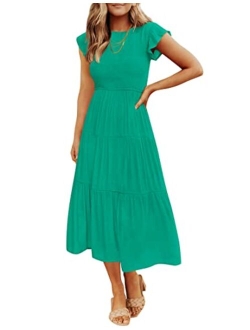 Women's 2023 Summer Casual Flutter Short Sleeve Crew Neck Smocked Elastic Waist Tiered Midi Dress