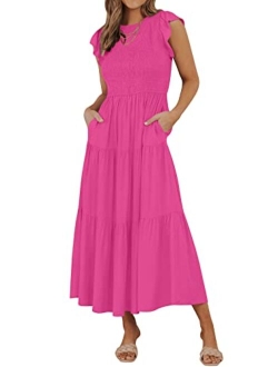 Women's 2023 Summer Casual Flutter Short Sleeve Crew Neck Smocked Elastic Waist Tiered Midi Dress