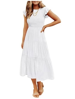 Women's 2023 Summer Casual Flutter Short Sleeve Crew Neck Smocked Elastic Waist Tiered Midi Dress