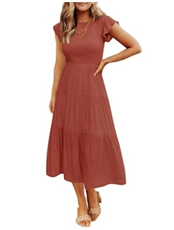 Women's 2023 Summer Casual Flutter Short Sleeve Crew Neck Smocked Elastic Waist Tiered Midi Dress