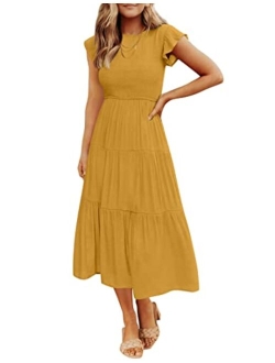 Women's 2023 Summer Casual Flutter Short Sleeve Crew Neck Smocked Elastic Waist Tiered Midi Dress