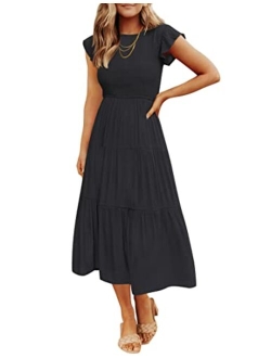 Women's 2023 Summer Casual Flutter Short Sleeve Crew Neck Smocked Elastic Waist Tiered Midi Dress