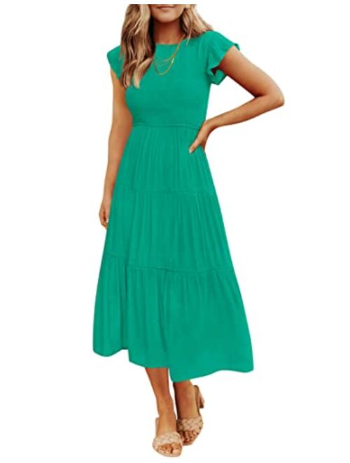 ZESICA Women's 2023 Summer Casual Flutter Short Sleeve Crew Neck Smocked Elastic Waist Tiered Midi Dress