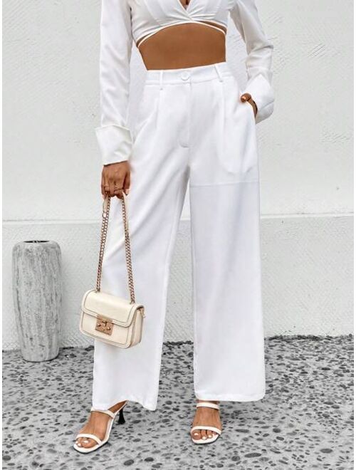 SHEIN EZwear Solid Slant Pocket Wide Leg Pants