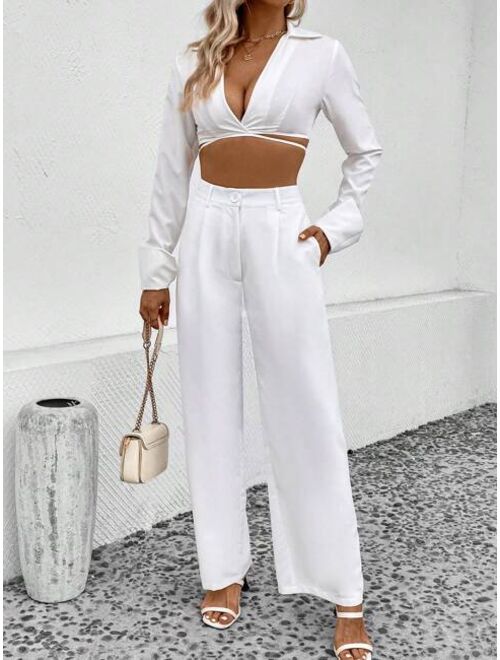 SHEIN EZwear Solid Slant Pocket Wide Leg Pants