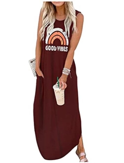 CHUNTIANRAN Women's Maxi Dress Summer Casual Sundress Sleeveless Long Dresses Hawaiian Beach Maxi Dress with Pockets