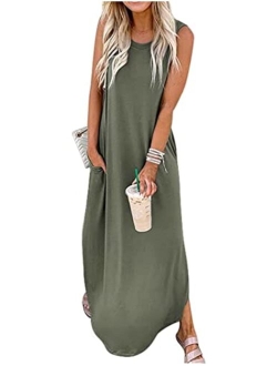 CHUNTIANRAN Women's Maxi Dress Summer Casual Sundress Sleeveless Long Dresses Hawaiian Beach Maxi Dress with Pockets