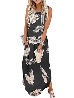 CHUNTIANRAN Women's Maxi Dress Summer Casual Sundress Sleeveless Long Dresses Hawaiian Beach Maxi Dress with Pockets