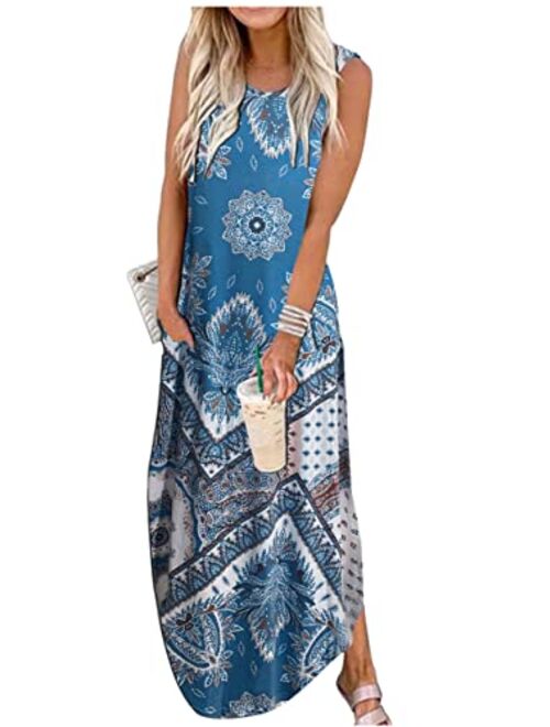 CHUNTIANRAN Women's Maxi Dress Summer Casual Sundress Sleeveless Long Dresses Hawaiian Beach Maxi Dress with Pockets