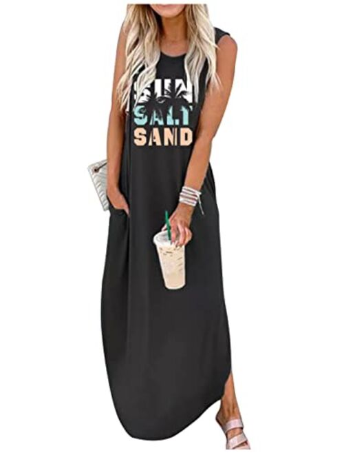 CHUNTIANRAN Women's Maxi Dress Summer Casual Sundress Sleeveless Long Dresses Hawaiian Beach Maxi Dress with Pockets