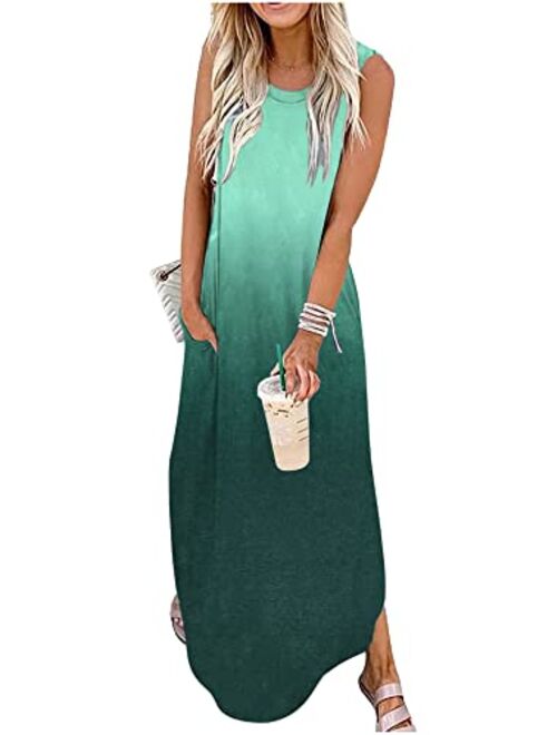 CHUNTIANRAN Women's Maxi Dress Summer Casual Sundress Sleeveless Long Dresses Hawaiian Beach Maxi Dress with Pockets