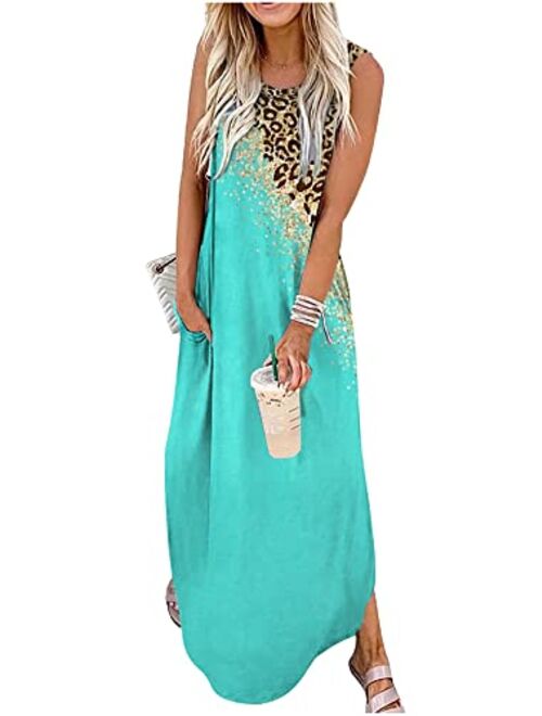 CHUNTIANRAN Women's Maxi Dress Summer Casual Sundress Sleeveless Long Dresses Hawaiian Beach Maxi Dress with Pockets