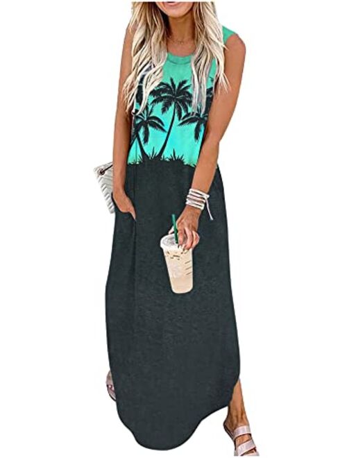 CHUNTIANRAN Women's Maxi Dress Summer Casual Sundress Sleeveless Long Dresses Hawaiian Beach Maxi Dress with Pockets