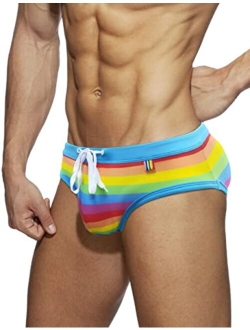 MIZOK Men's Rainbow Strips Nylon Bikini Swim Briefs Drawstring Sexy Low Rise Swimwear