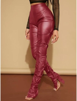 SXY High Waist Ruched PU Leather Skinny Pants