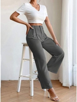 PETITE High Waist Plicated Detail Straight Leg Pants