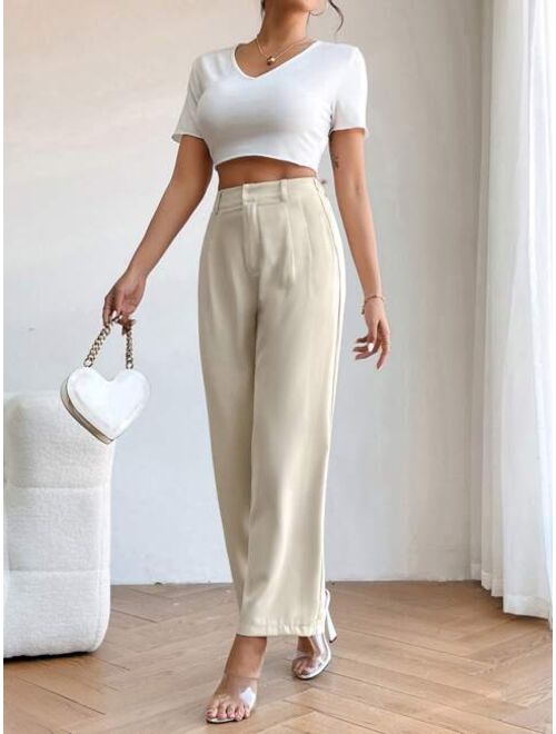 SHEIN PETITE High Waist Plicated Detail Straight Leg Pants