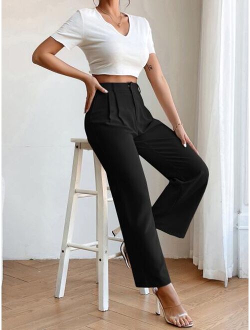 SHEIN PETITE High Waist Plicated Detail Straight Leg Pants