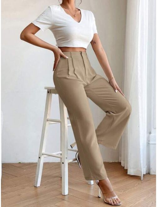 SHEIN PETITE High Waist Plicated Detail Straight Leg Pants