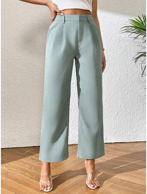 SHEIN PETITE High Waist Plicated Detail Straight Leg Pants