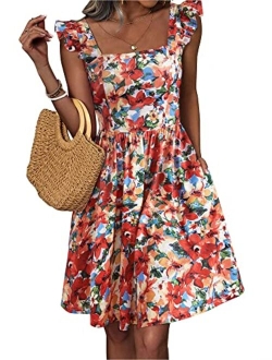 Loemes Summer Cute Floral Flowy Knee Length Sundressses Beach Dress for Women 2023